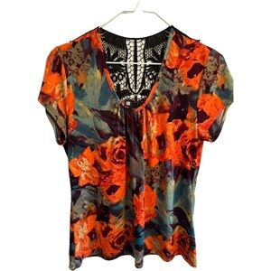 Carole Little Floral Roses Blouse, Womens Medium Orange Black Lace Short Sleeve